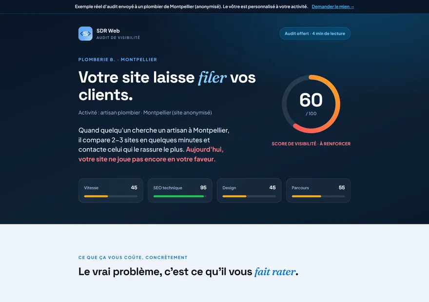 Example audit preview: 60/100 visibility score of a Montpellier plumber